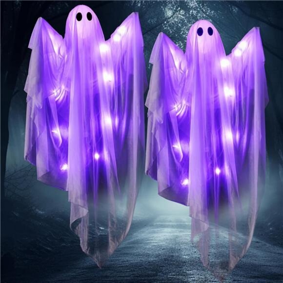 47” Halloween Hanging Light up Ghost Decoration Outdoor with Purple LED - Picture 6 of 8